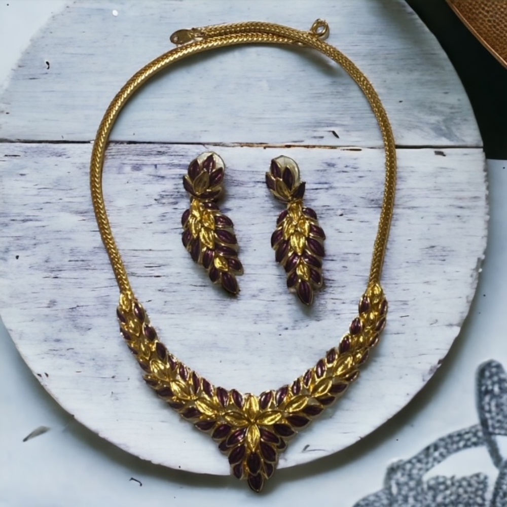 TRIFARI TM Gold Tone Burgundy Enamel Floral Necklace & Earrings Set Demi Parure